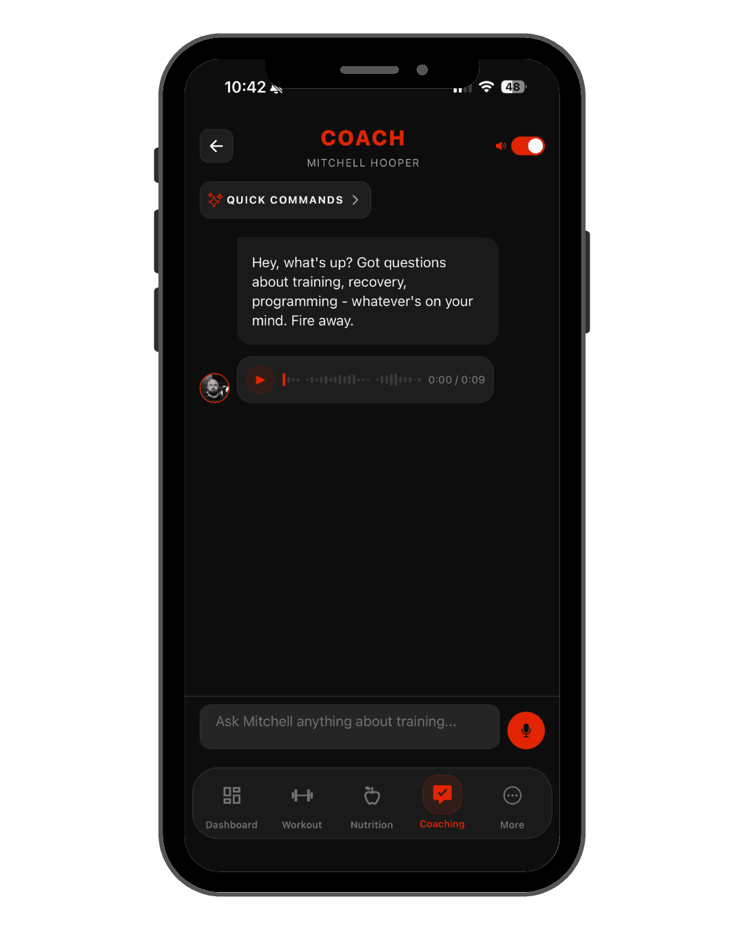 App screenshot of the coach chat with a voice message from Mitchell Hooper