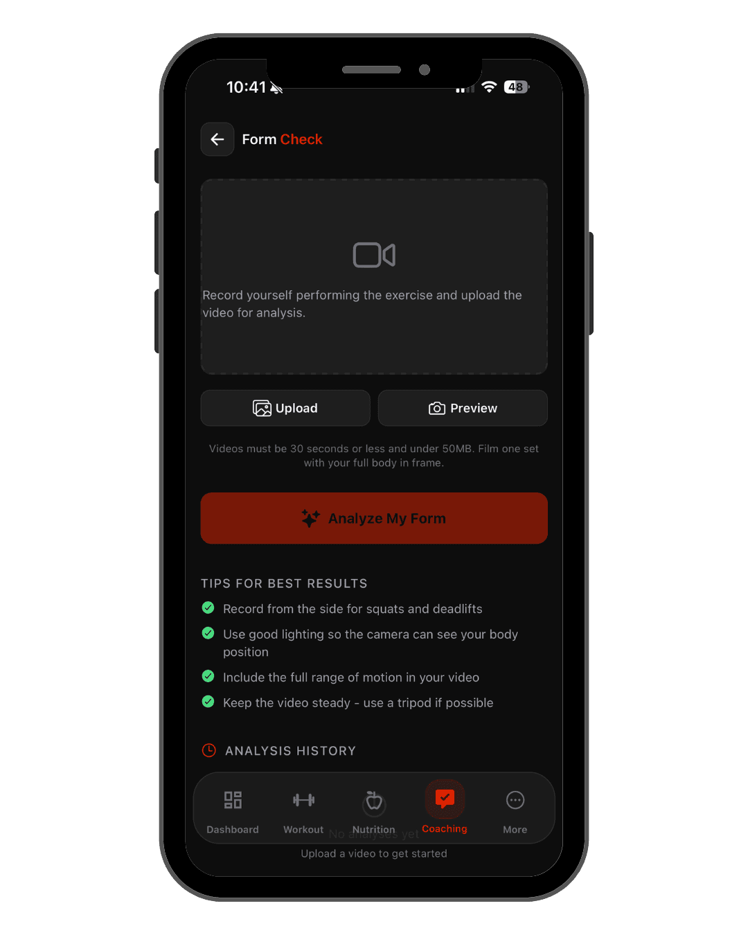 App screenshot of the form check screen for uploading a lifting video