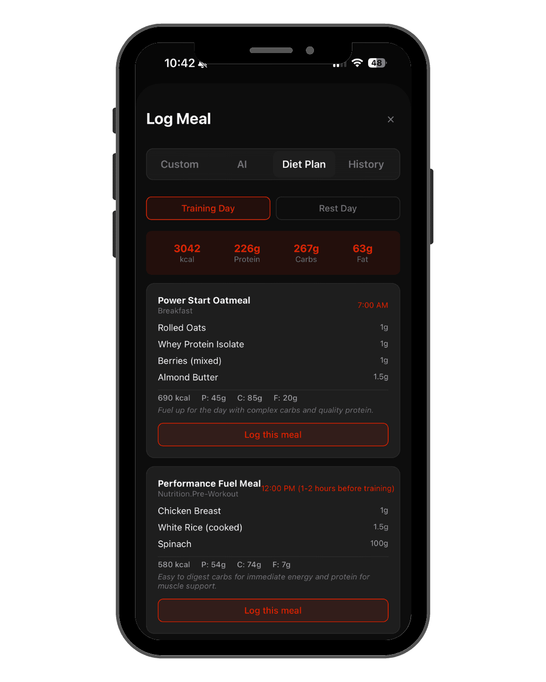 App screenshot of a diet plan with daily macros and meals to log