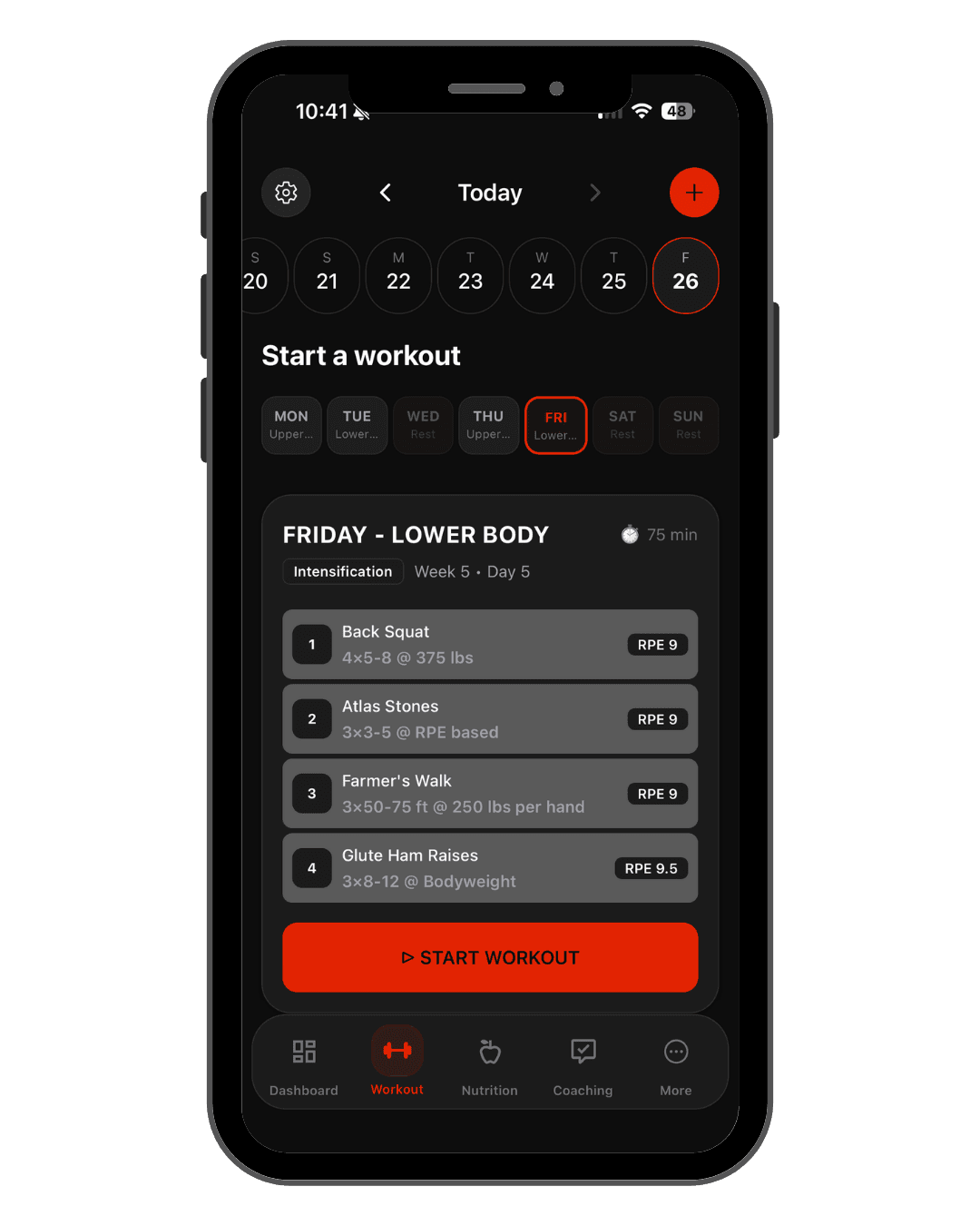 App screenshot of a programmed lower-body training day with RPE targets