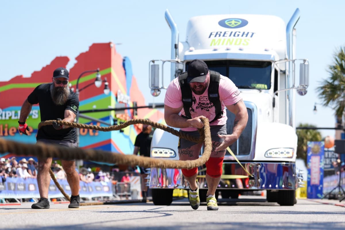 Mitchell Hooper pulling a semi truck down a street