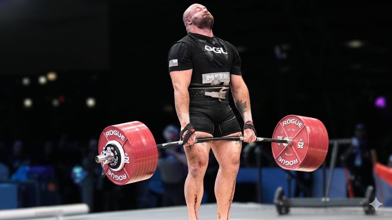 Mitchell Hooper locking out a heavy deadlift on a dark stage